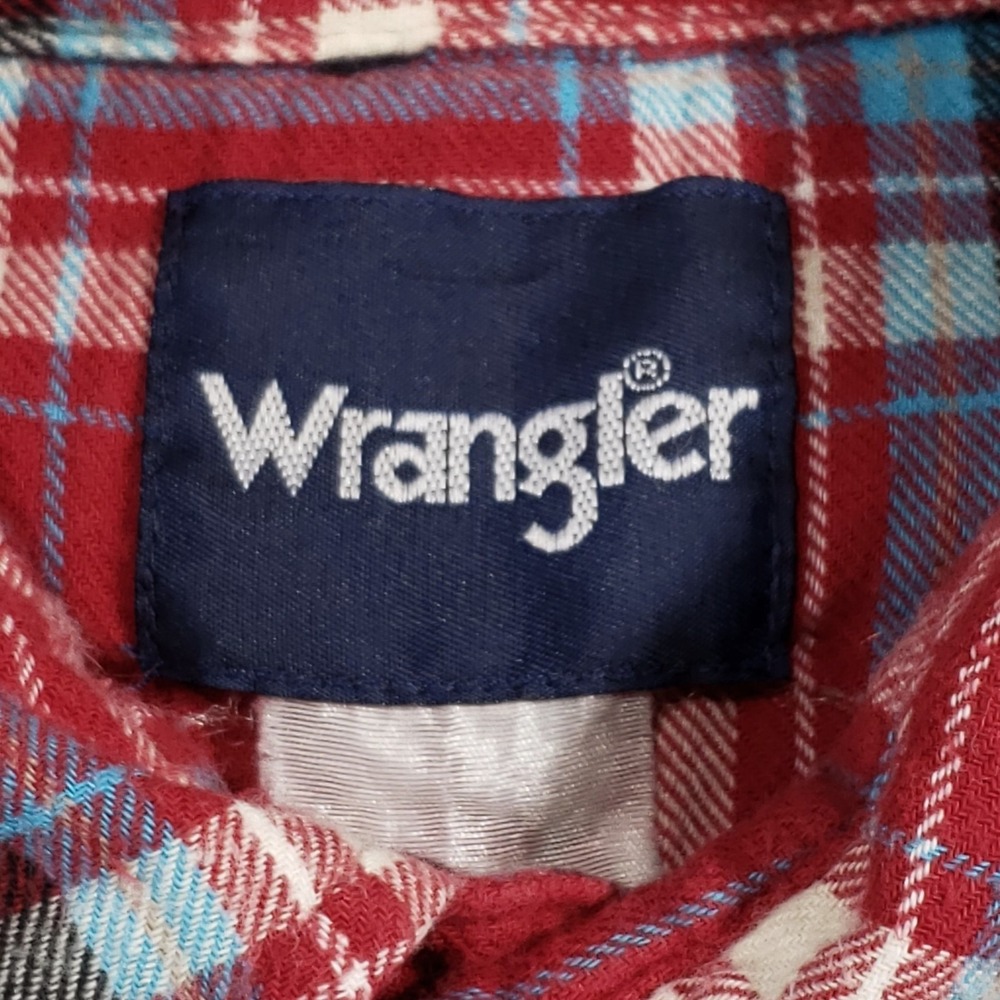 Wrangler Flannel Shirt Mens Large Red Blue Plaid Vintage Pearl Snap Button Up‎ - Picture 3 of 6